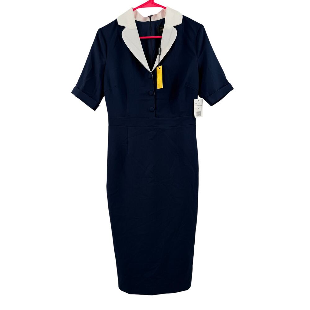 ALEXIA ADMOR Dress SZ 6 NWT Retro Collared Navy White Sheath Knee Length Modest - Picture 14 of 15
